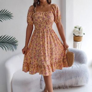 Floral Print Square Collar Dress Summer Fashion Ruffles Dresses Women's Clothing