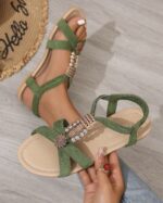 Boho-Chic Green Elastic Strap Sandals with Beaded & Floral Accents – Comfortable Flat Summer Footwear for Women