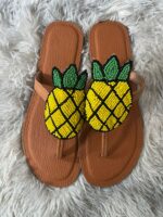 Handmade Brown Leather Sandals with Beaded Pineapple Design – Tropical Summer Flats for Women