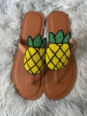 Handmade Brown Leather Sandals with Beaded Pineapple Design – Tropical Summer Flats for Women