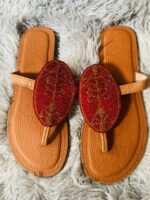 Handcrafted Beaded Leather Sandals – Red & Gold Leaf Design