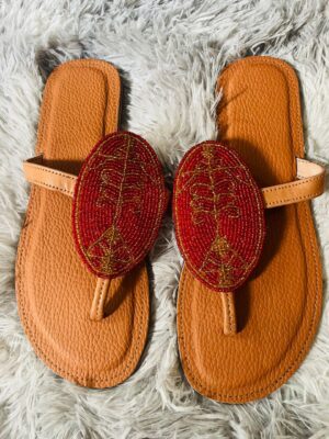 Handcrafted Beaded Leather Sandals – Red & Gold Leaf Design